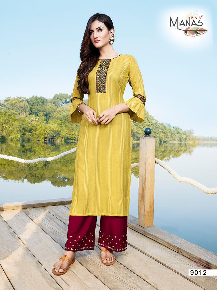 Manas Hirwa 2 Latest Designer Collection Ethnic Wear Rayon Embroidery Work Straight Kurti With Bottom 
