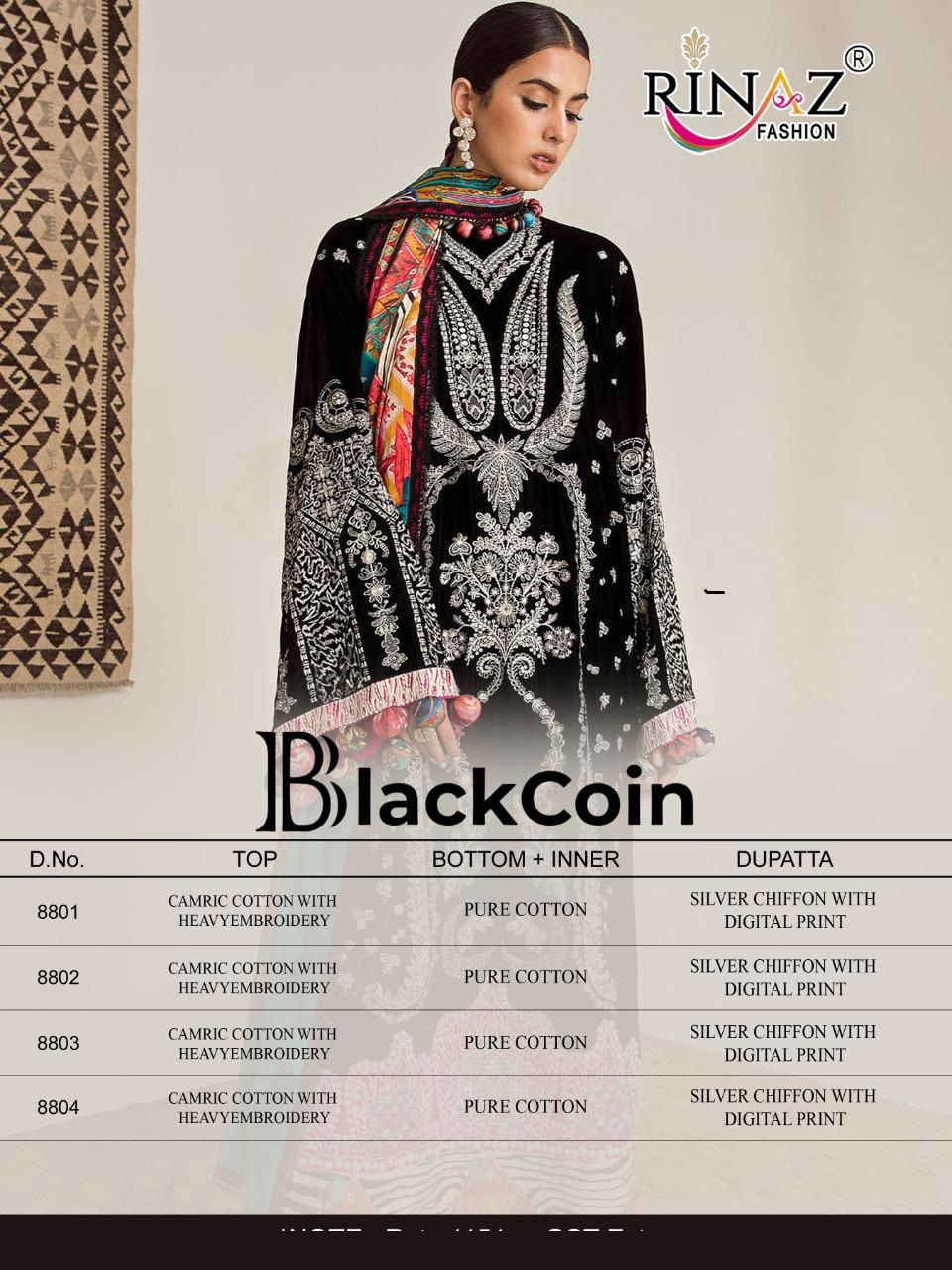 Rinaz Black Coin Festival Wear Cambric Cotton Pakistani Salwar Kameez Collection
