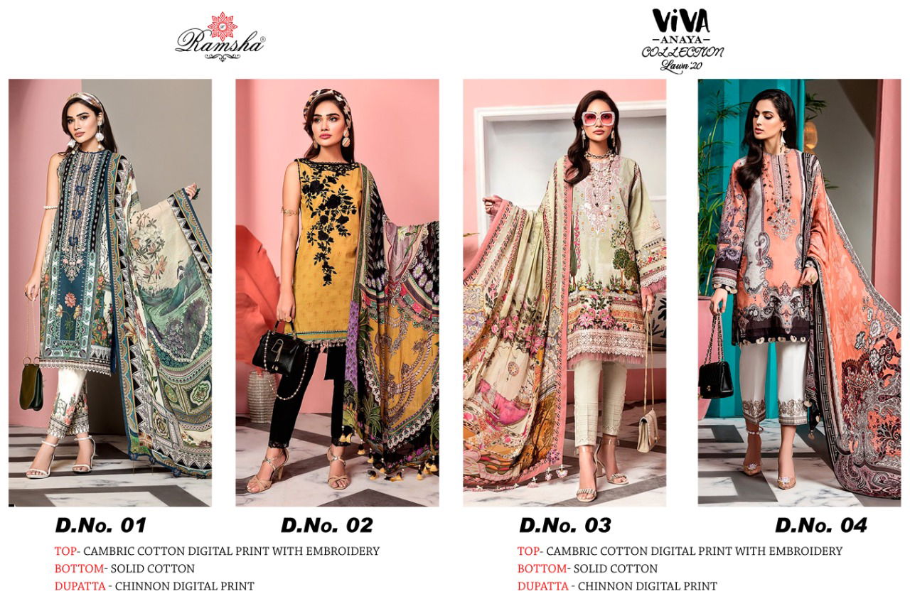 Ramsha Viva Anaya 2020 Latest Digital Print Embroidered Cambric Cotton Pakistani Salwar Suits Collection 