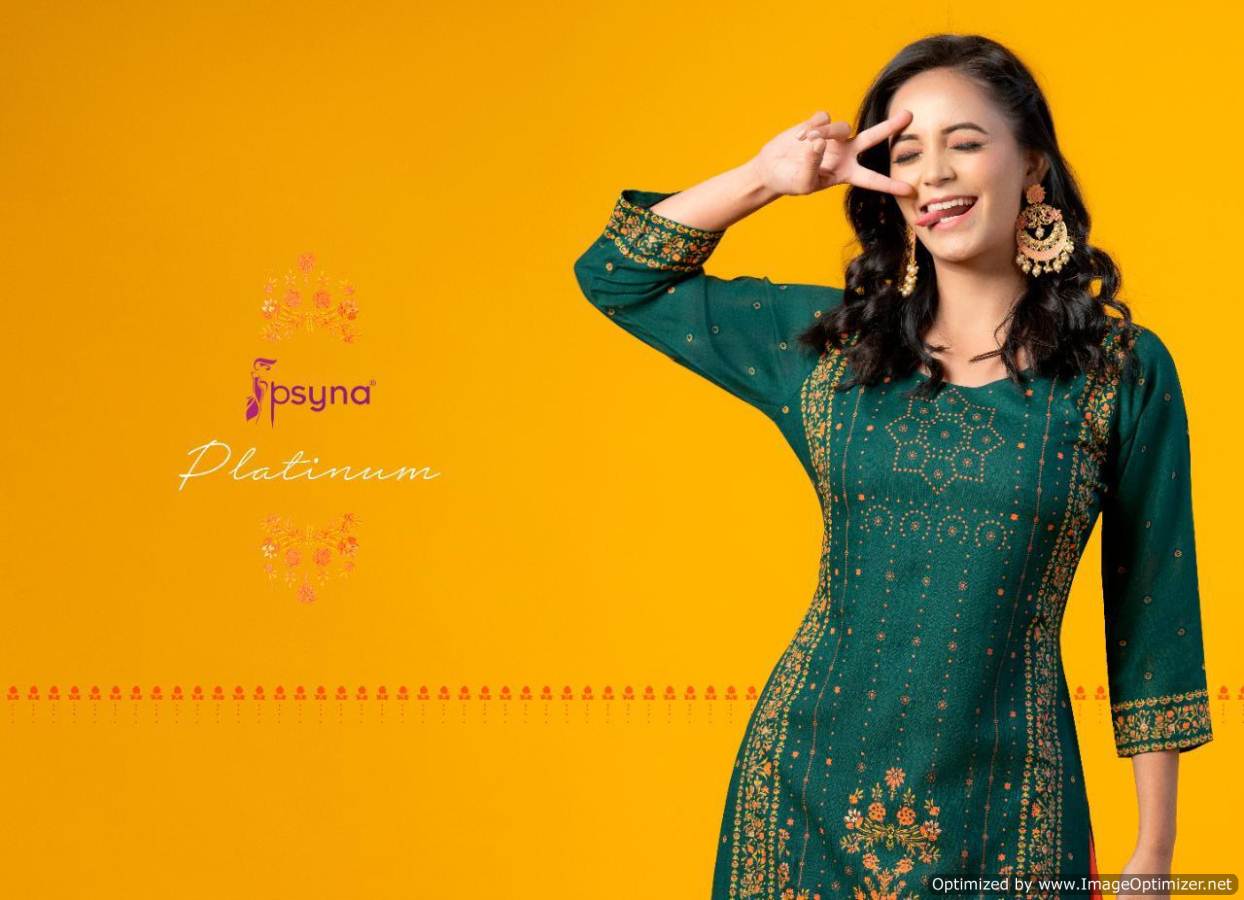 Psyna Platinum 2 Latest fancy Designer Ethnic Wear Heavy Rayon Gold Printed Kurti Collection

