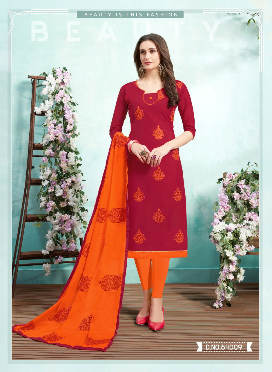 Kiss Miss 64 Designer Lawn Cotton Fancy Churidar Dress Material With Work and Four sided Lace Border Dupatta 