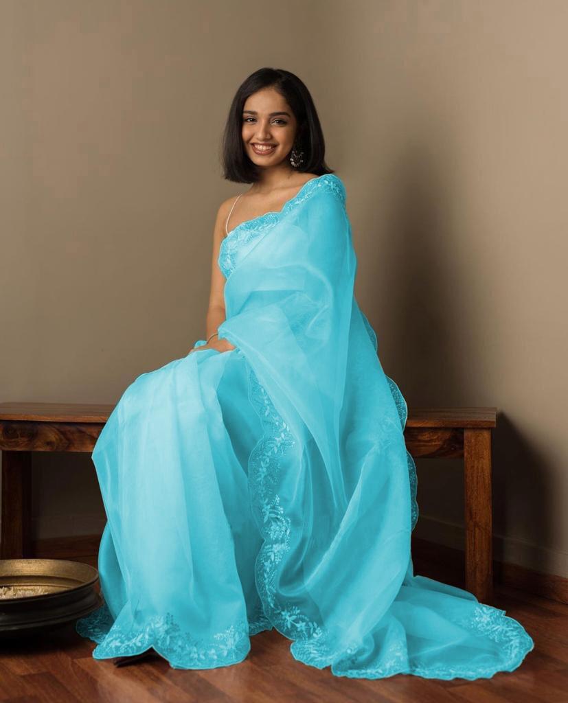 Amar Rainbow Organza Silk Embroidery Work Designer Party Wear Festival Saree Collections