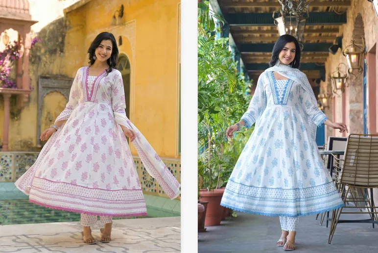 Naisha K 19 Cotton Anarkali Kurti Bottom With Dupatta Suppliers In India