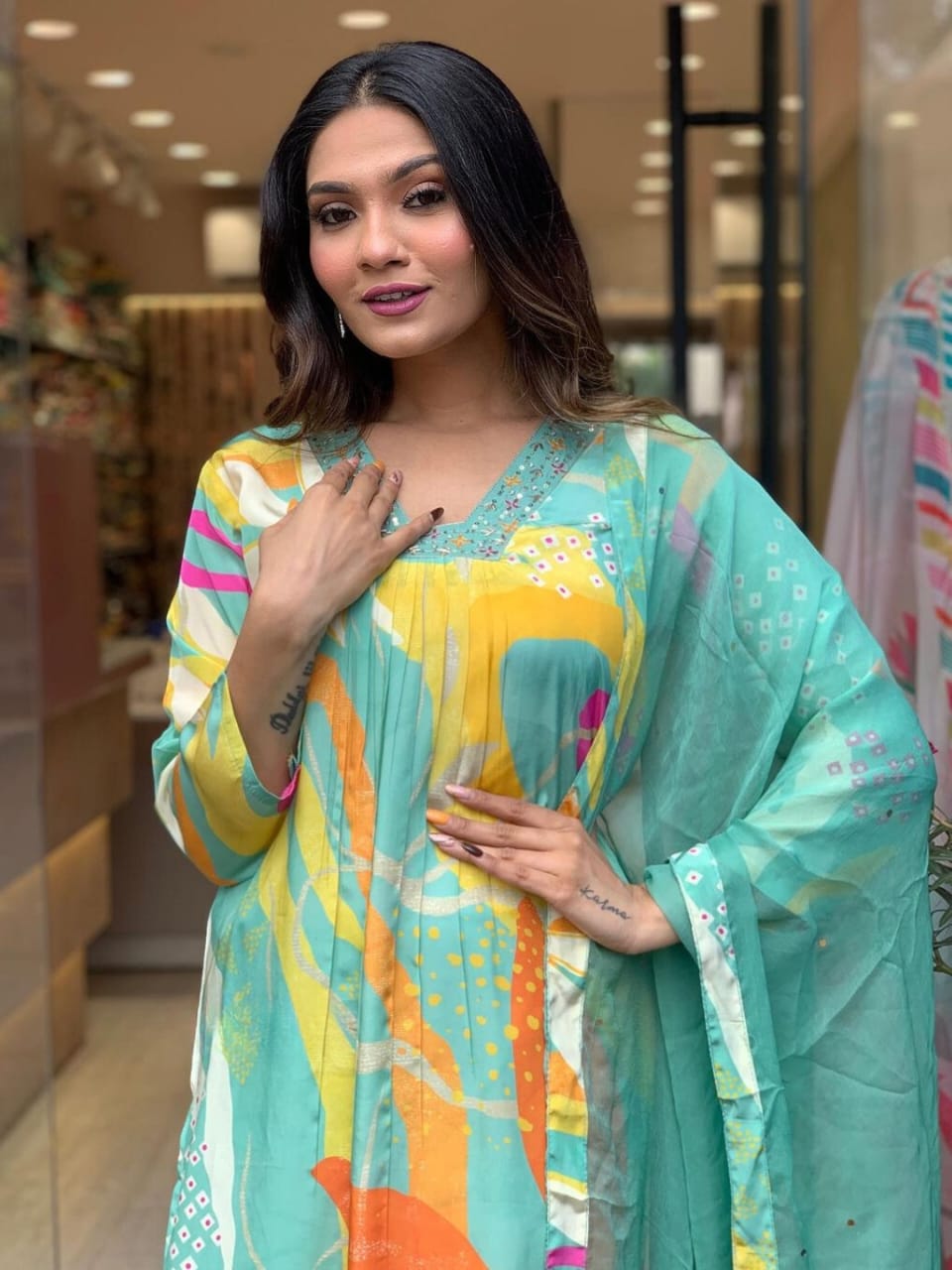 Kalaai Designer Viscose Silk Printed Kurti With Bottom Dupatta Suppliers In India