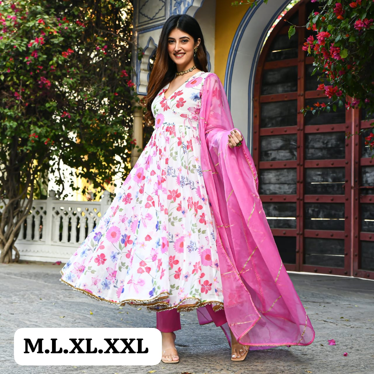 Virat Size Set Rayon Printed Anarkali Kurti With Bottom Dupatta