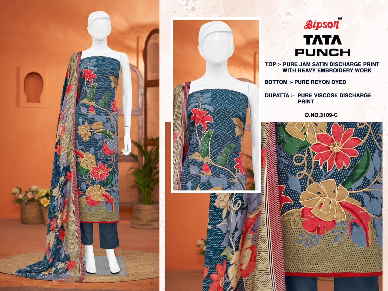 Tata Punch 3285 By Bipson Jam Satin Dress Material Wholesalers in Delhi
