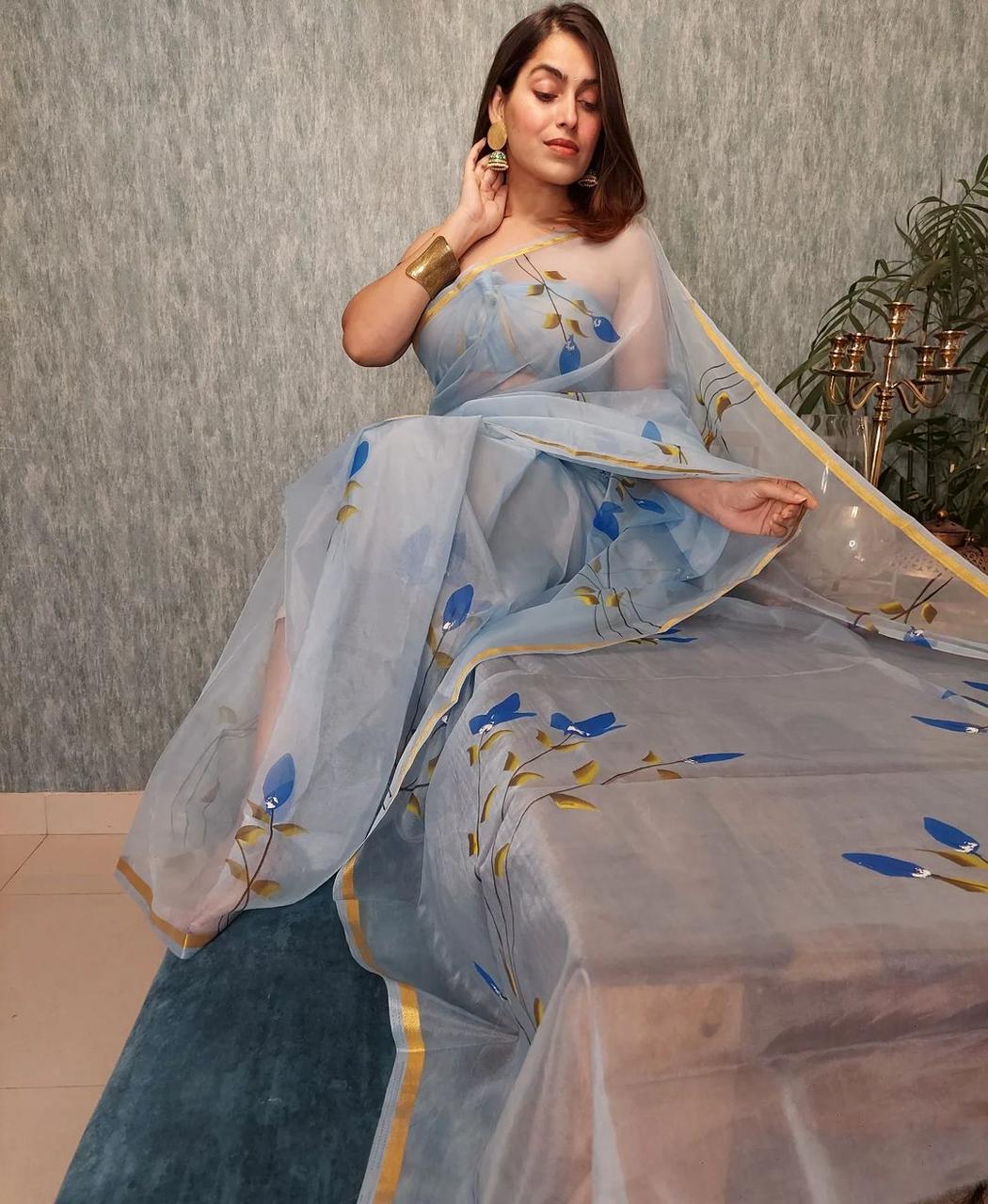 DF121 Organza Gold Patti Border Printed Designer Saree Catalog