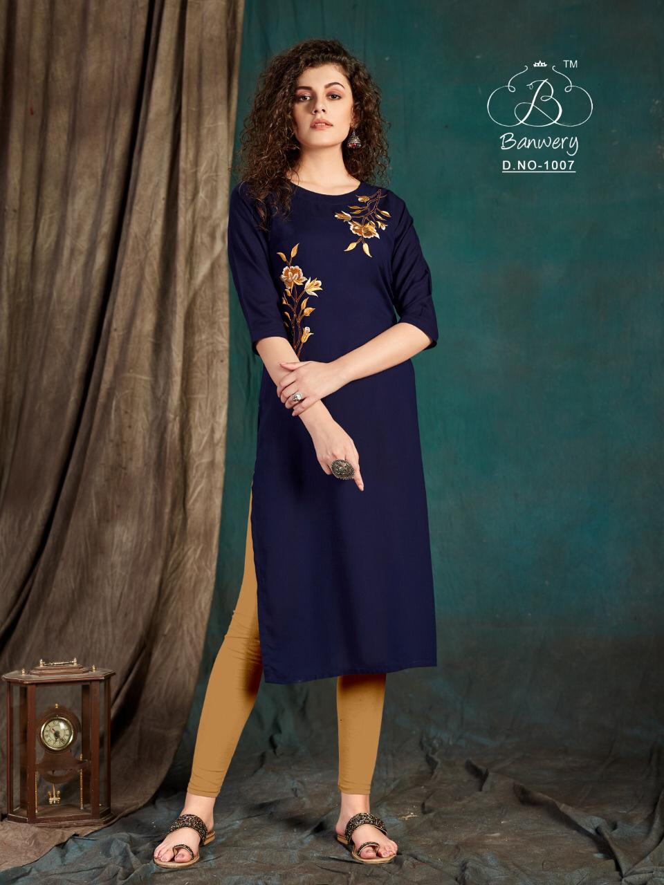 Banwery Taapsee Heavy Slub Rayon Airjet With  Embroidery Work Designer Kurtis Colections