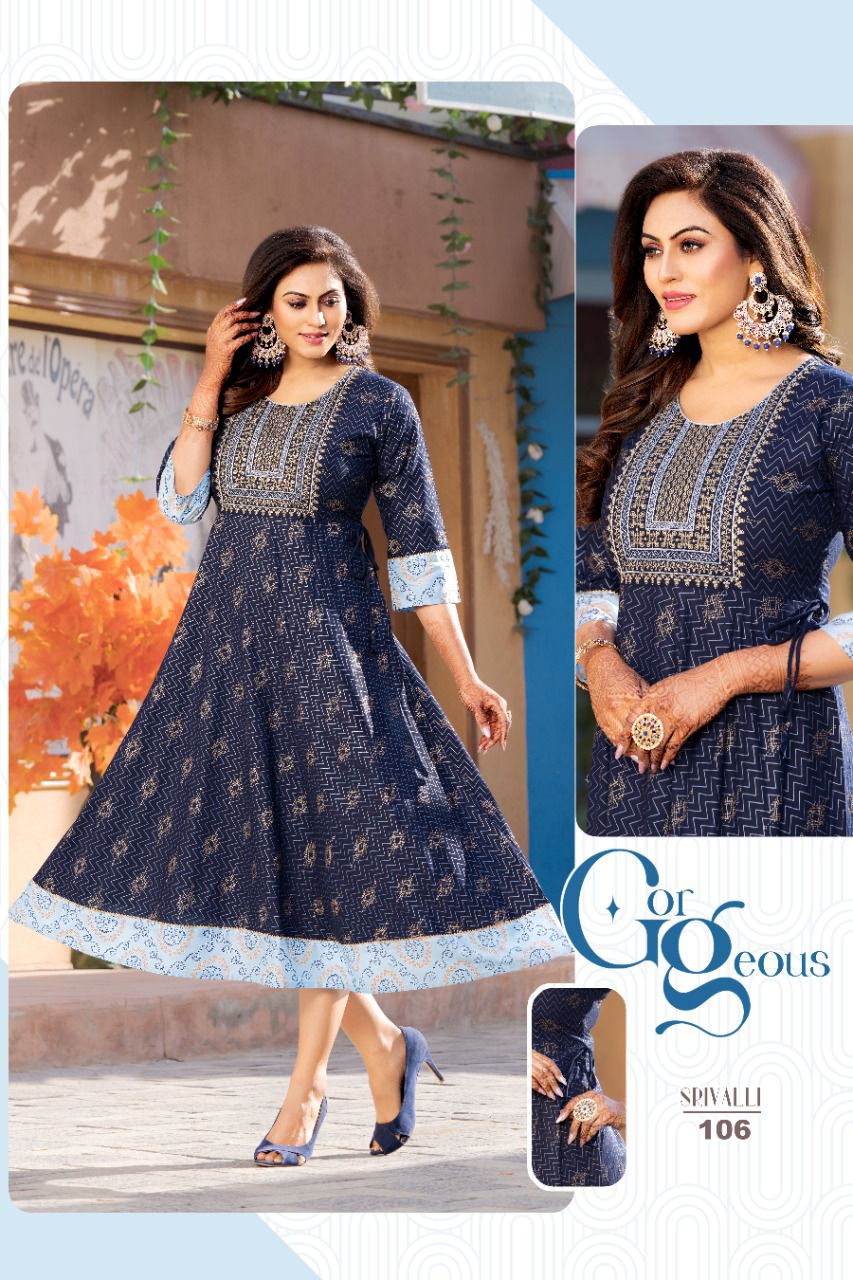 Akhand Jyot Srivalli Fancy Ethnic Wear Rayon Designer Long Kurti Collection