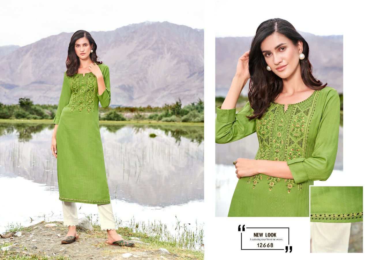 Kalaroop Beat Rayon With Embroidery Work Party Wear Designer Kurtis Collection
