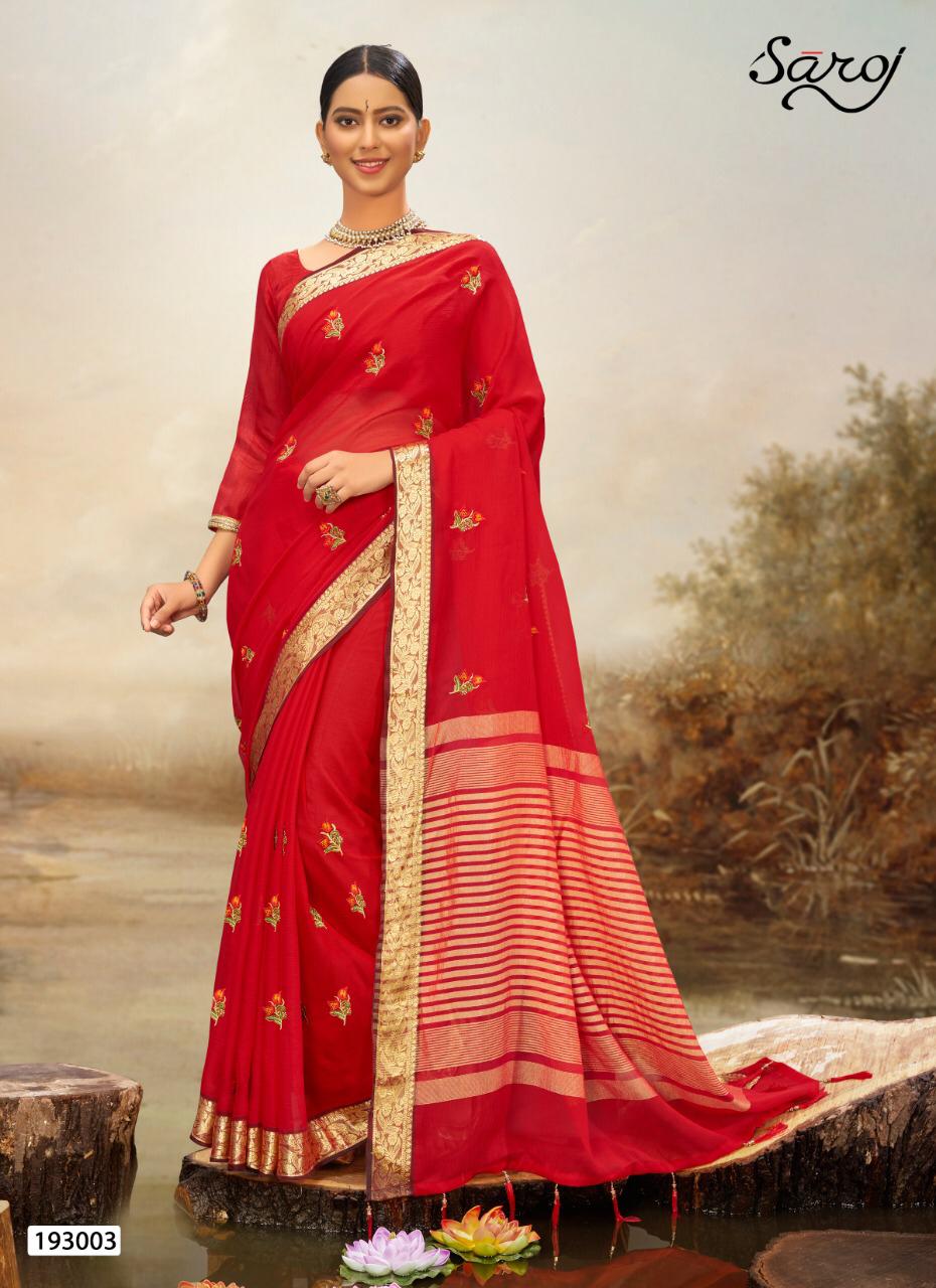  Saroj  Noreen Latest Fancy Multi colore work and chit pallu and border Designer Soft Chiffon Saree Collection