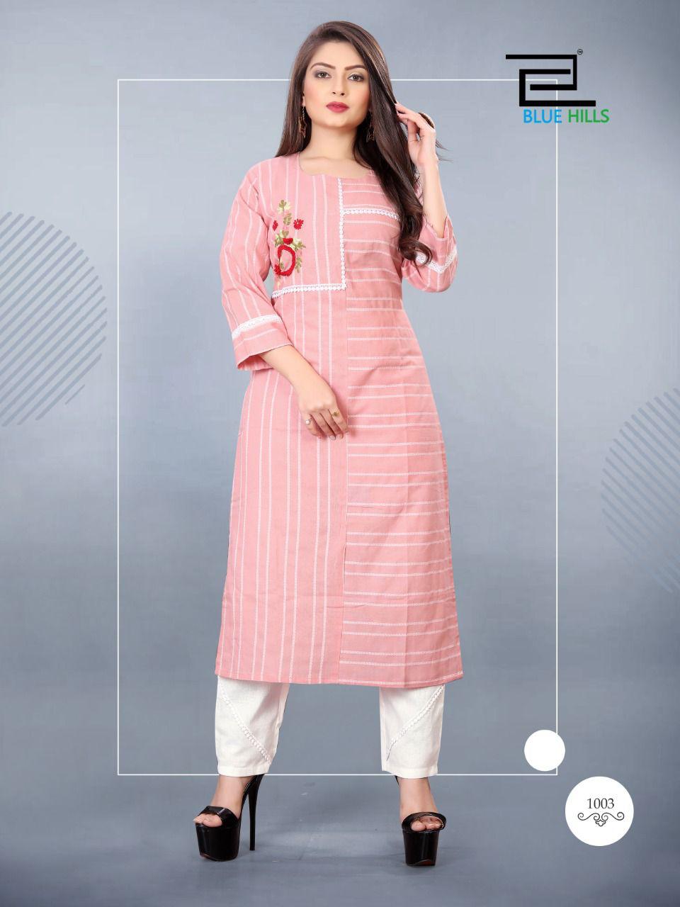 Blue Hills Orchid Casual Wear Cotton Jacquard Designer Kurti With Pant Latest Collection
