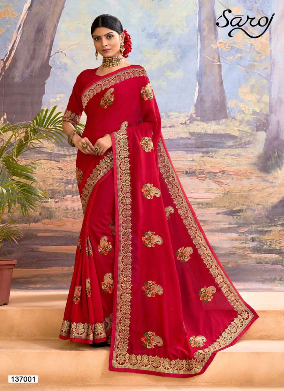 SAROJ KANGANA Fancy Festive Wear Heavy Designer Vichitra Silk With Embroidery Work On Border And Butta Saree Collection
