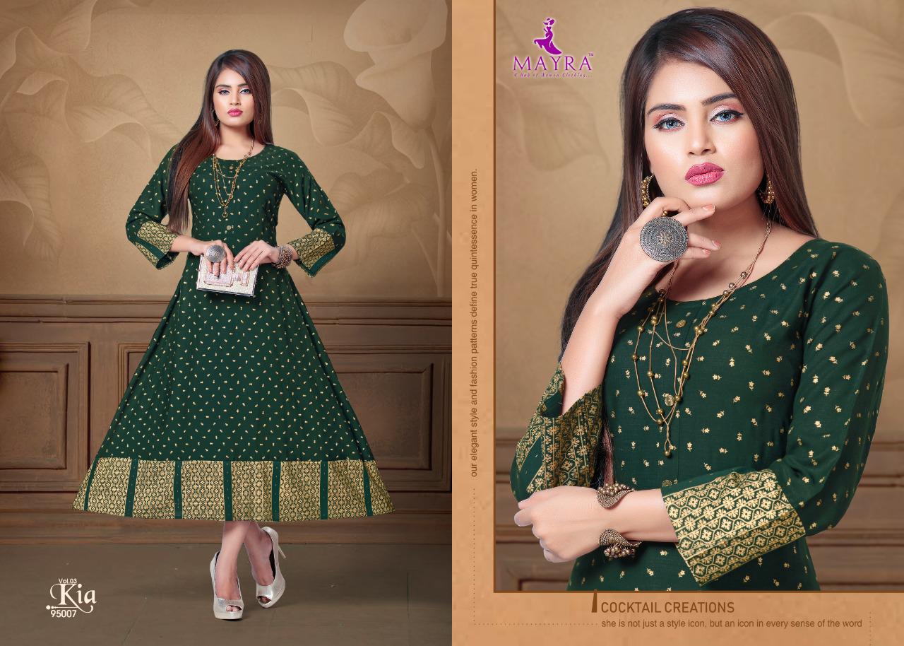 Mayra Kia 3 Latest Designer Party Wear Rayon Long Printed Kurti Collection 
