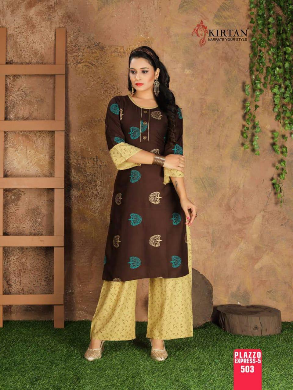 Kirtan Plazzo Express Fancy Designer Regular Wear Rayon Printed Kurti With Bottom Collection
