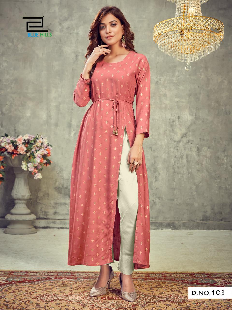 Blue Hills First Date Designers Long Printed Rayon Party Wear Kurtis Collection
