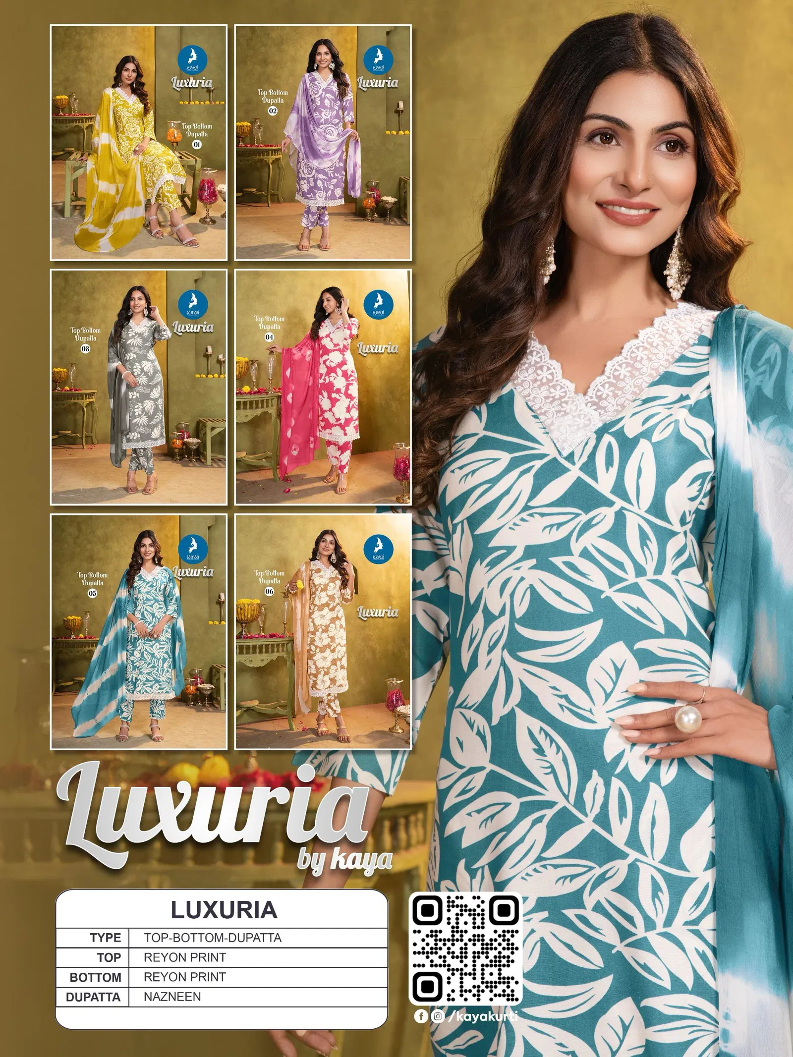 Luxuria By Kaya Rayon Printed Kurti With Bottom Dupatta Wholesale Price