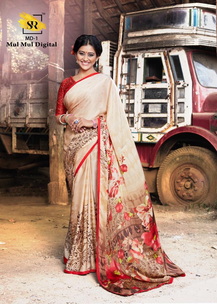 Sr Mulmul Digital Exclusive Designer Digital Printed Party Wear Satin Saree Collection 