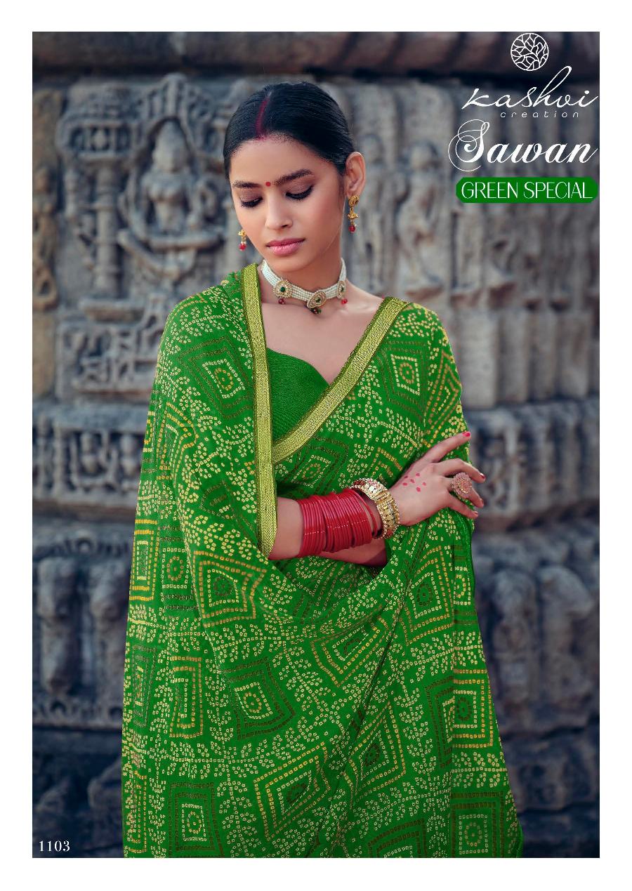 Kashvi Sawan Green Casual Wear Printed Designer Chiffon Saree Collection
