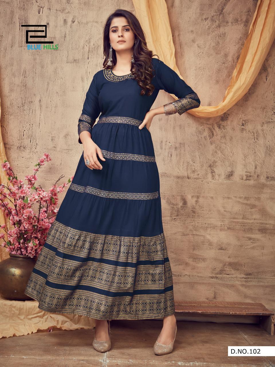 Blue Hills Leela 3 latest Fancy Designer Ethnic Party Wear Heavy Rayon With Gold Print Long Kurti collection
