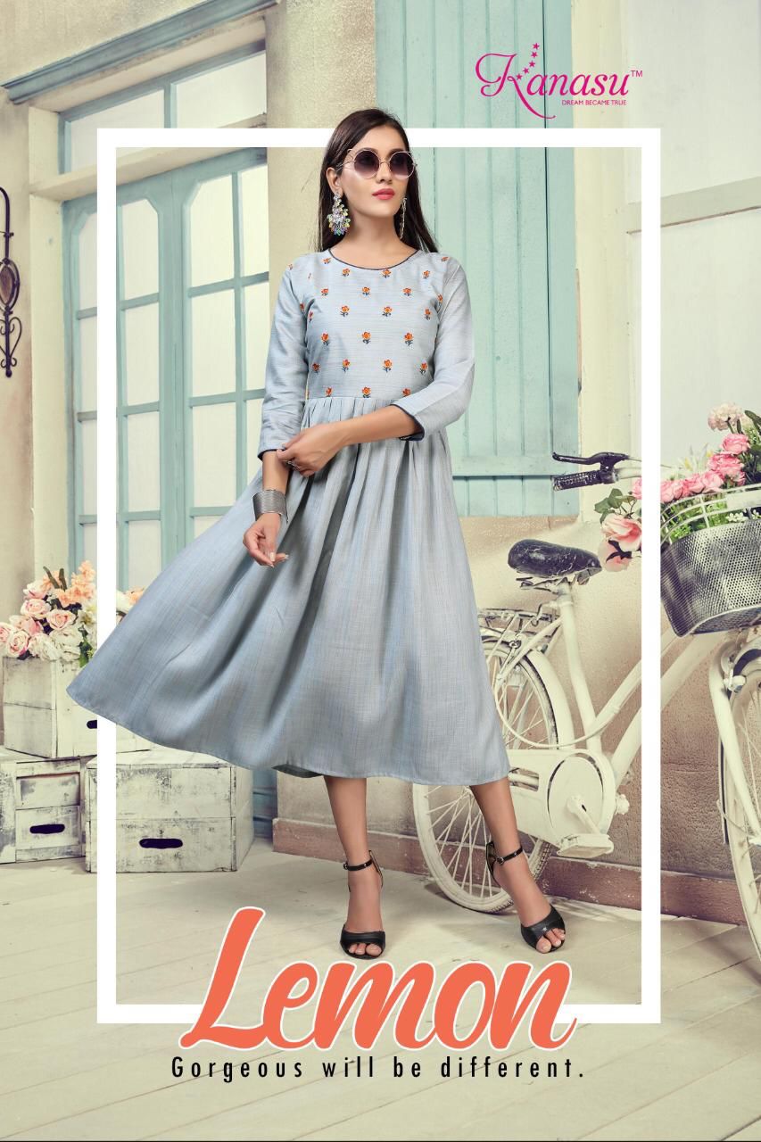Kanasu Lemon Heavy Rayon Ethnic Wear Anarkali Long Designer Kurtis Collection
