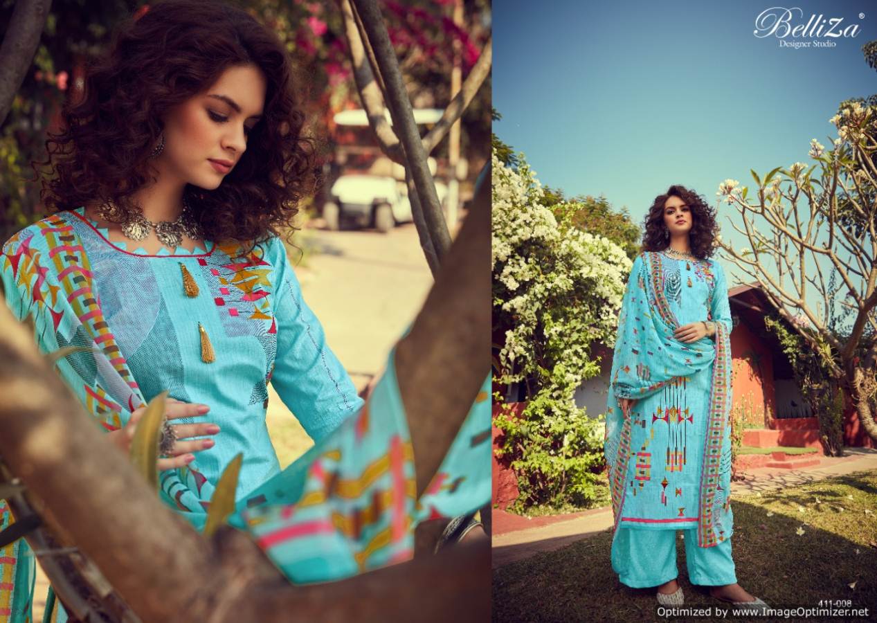 Belliza Zohra Pure Cotton Digital Style Print Designer Dress Material Exclusive Printed Nazneen Chiffon Dupatta With Four Side Lace 