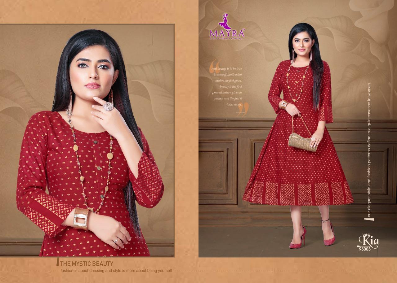 Mayra Kia 3 Latest Designer Party Wear Rayon Long Printed Kurti Collection 
