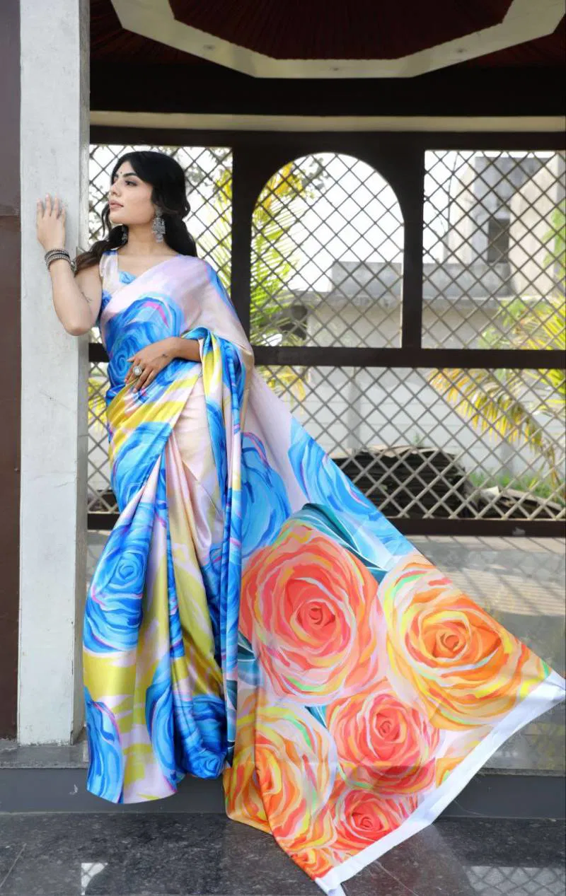 Sf Sizzler 3 Digital Printed Japan Satin Fancy Saree Wholesale Market Surat