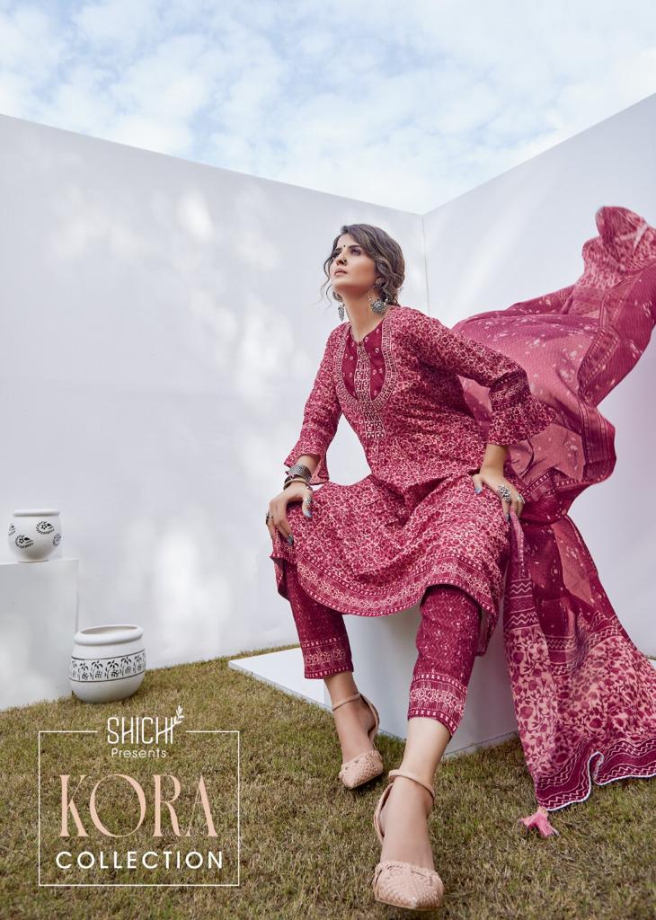 Shichi Kora Exclusive Festive Wear Heavy Muslin Kurti With Pant And Dupatta Readymade Collection