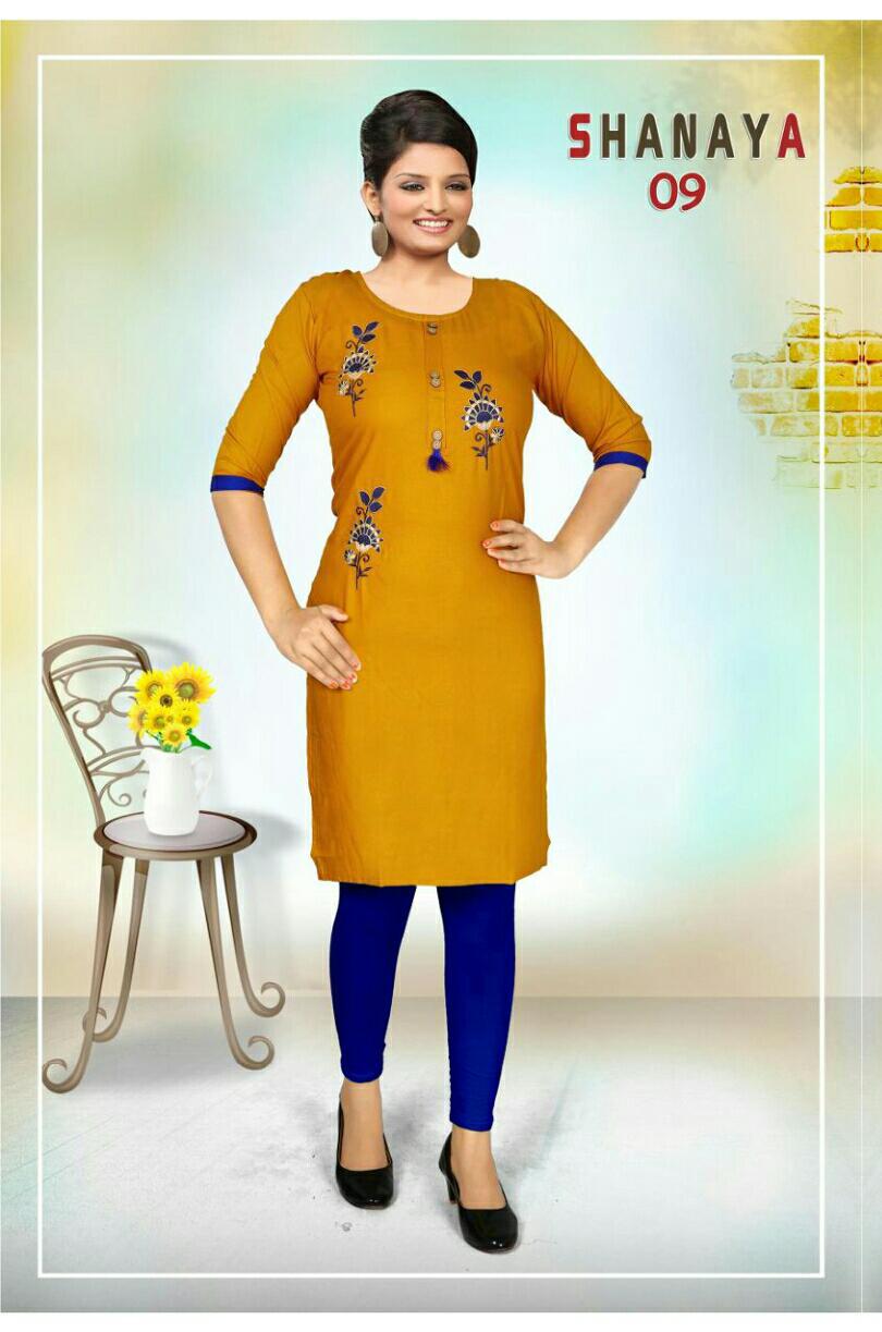 Trendy Shanaya Latest Designer Daily Wear Rayon Embroidery Work Kurtis Collection
