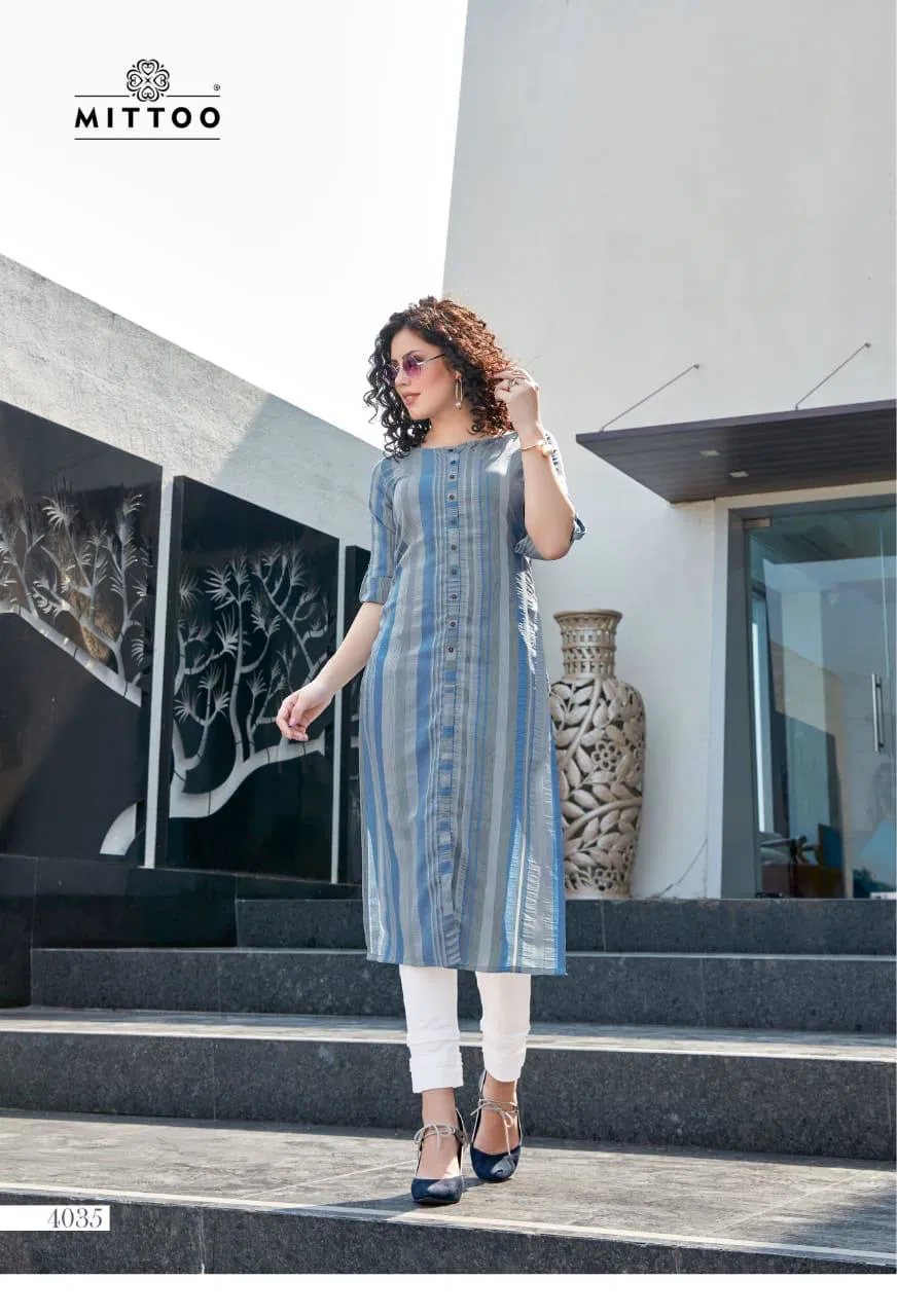 Mitto Mohini Weaving Strips Designer Party wear Kurtis with Rayon Slub Lycra Pant kurtis Collections