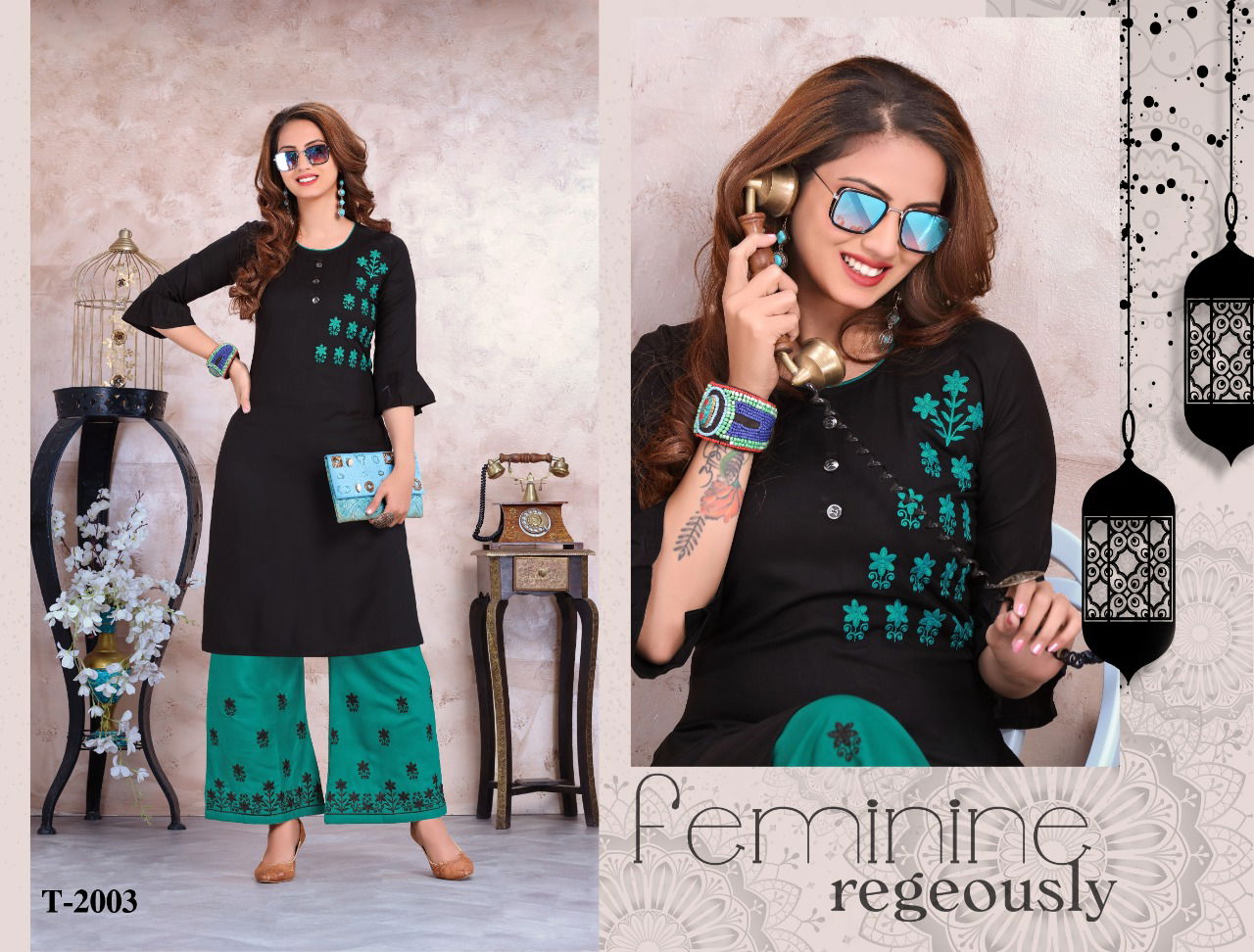 Trendy Colours Latest Fancy Designer Heavy Rayon Casual Wear Embroidery Kurti With Bottom Collection

