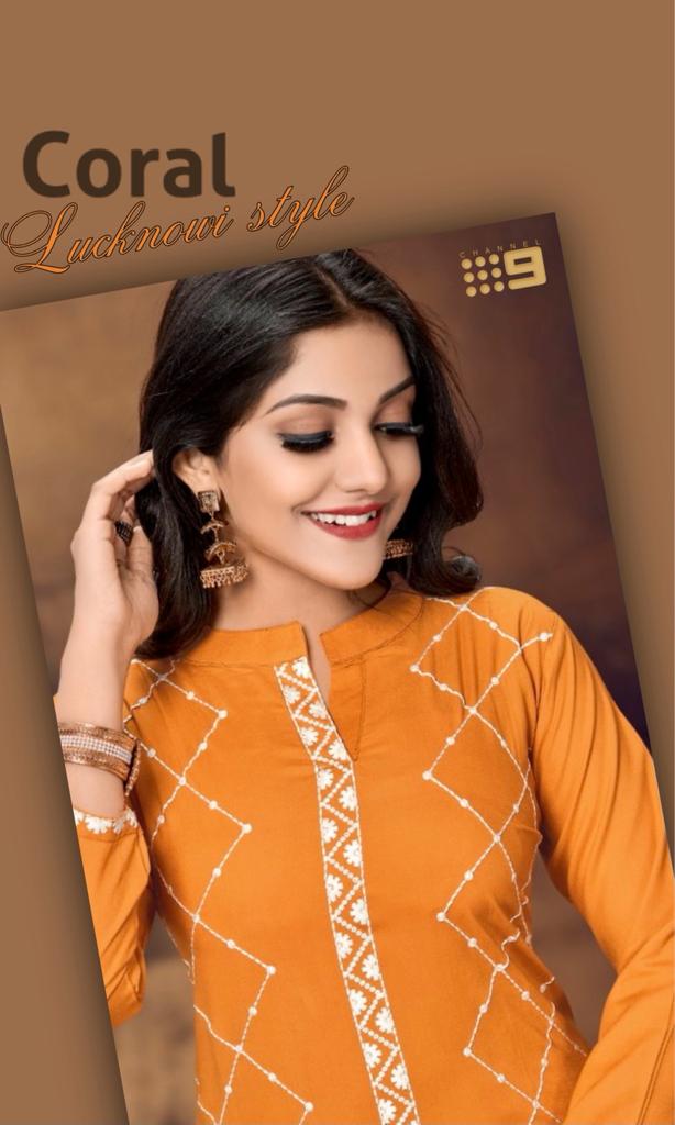 C9 Coral Latest Design Festive Wear Rayon With Embroidery Worked Kurti With Palazzo Kurtis Collection
