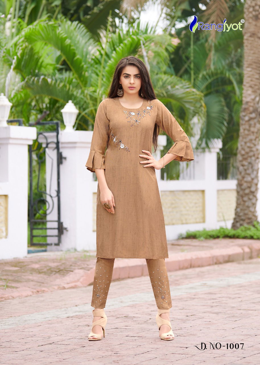 Rangjyot Aarohi 1 Ethnic Wear Rayon With Khatli Work Kurtis With Bottom Collection
