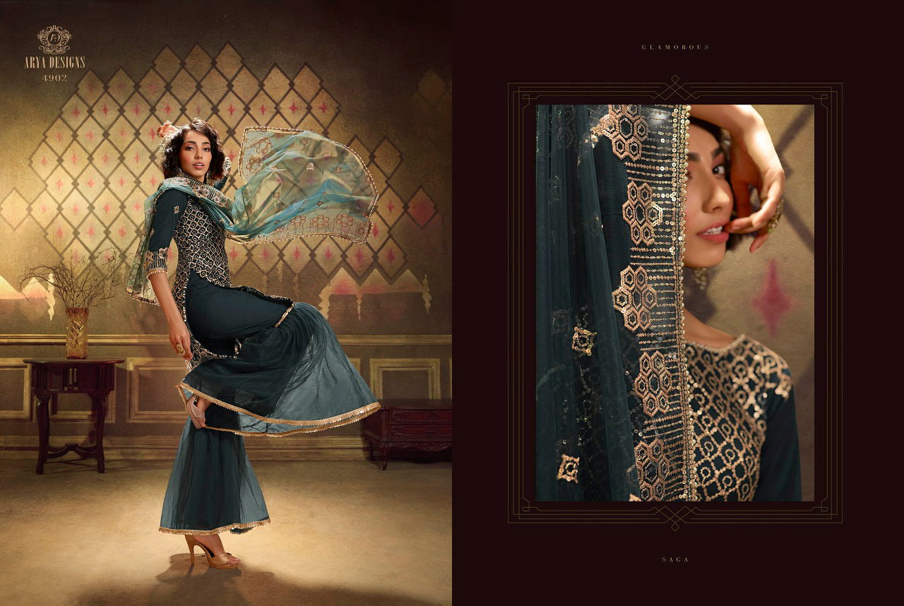 Arya Noorani Saga 2 Wedding Designer Heavy Work Georgette Top With Dull Santoon Inner Net Bottom With Four Sided Bordered Dupatta Collection