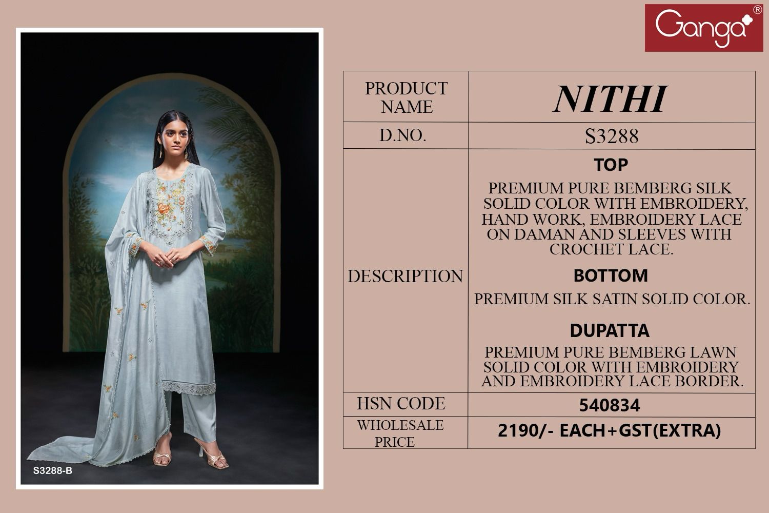 NIthi 3288 by Ganga Bemberg Silk Embroidery Salwar Suit Exporters In India