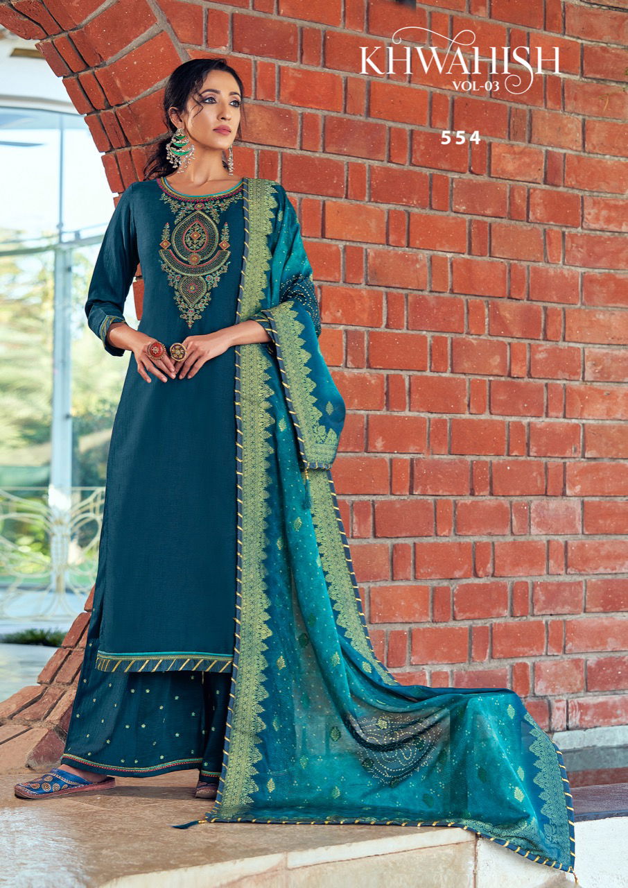 Triple Aaa Khwahish 3 Latest Fancy Designer Regular Casual Wear prampara silk with khatli work neck Dress Material Collection
