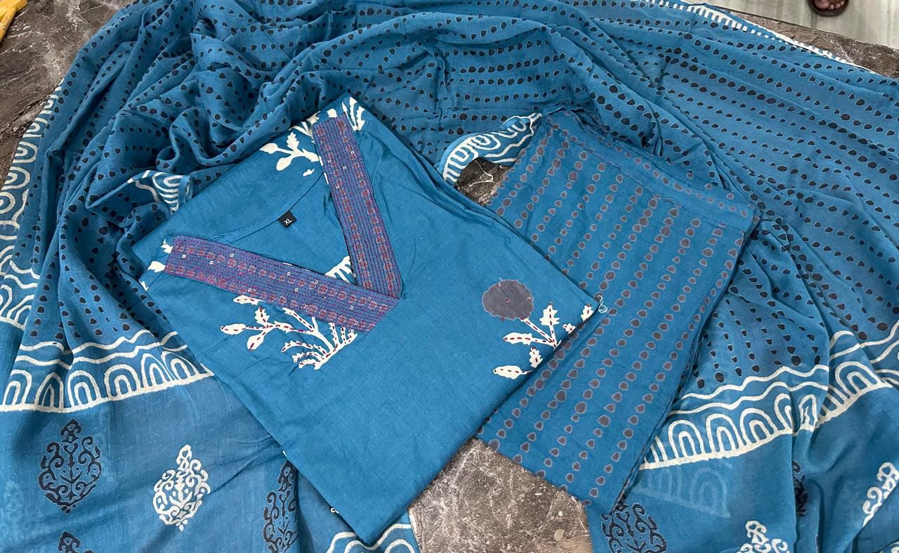 KF Blue Kalaai Hand Block Printed Surat Kurti With Bottom Dupatta Wholesale Market