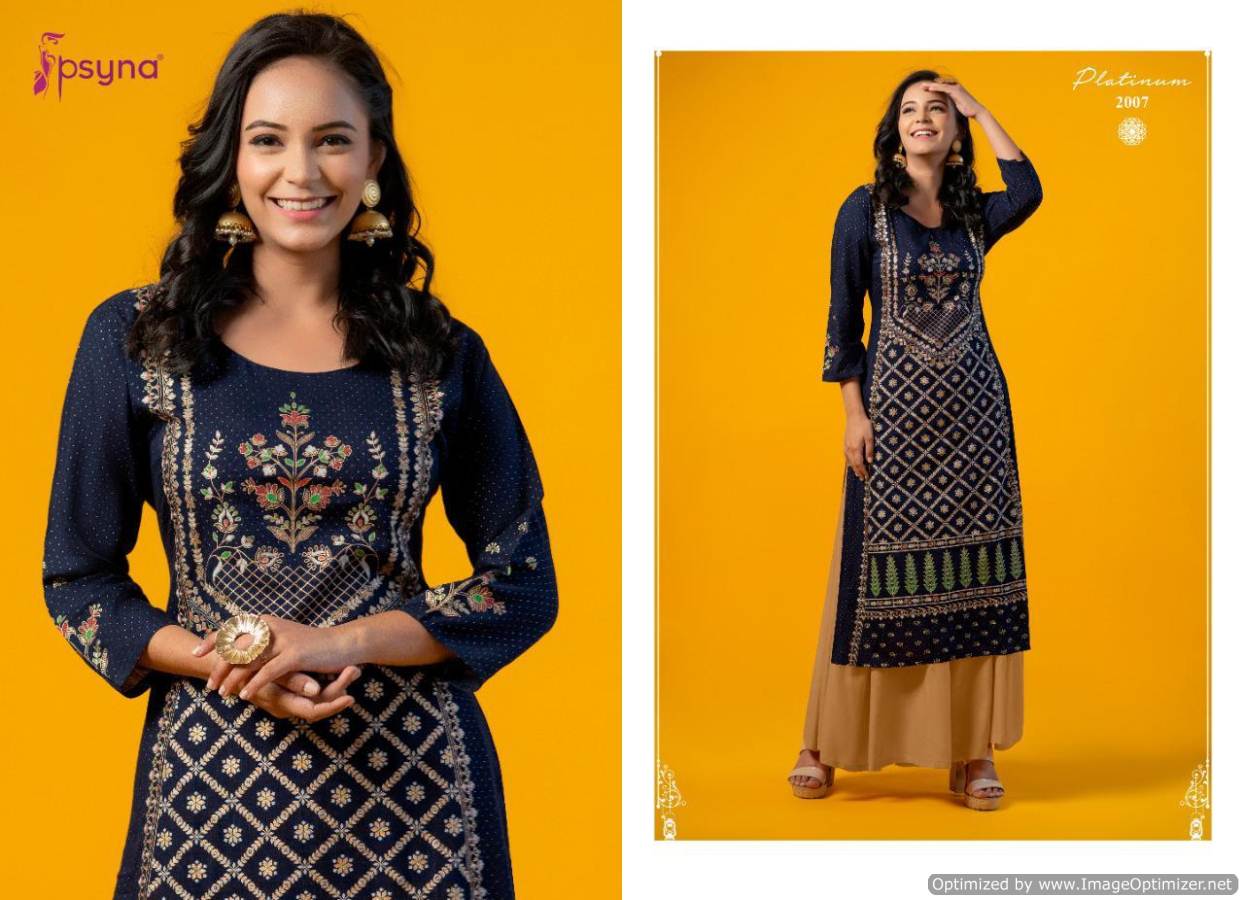 Psyna Platinum 2 Latest fancy Designer Ethnic Wear Heavy Rayon Gold Printed Kurti Collection
