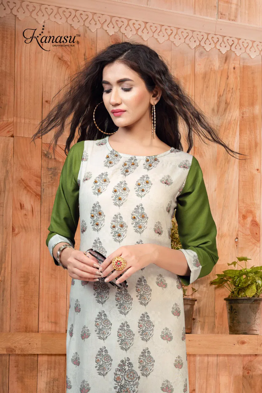 Kanasu Floral Latest Fancy Designer Ethnic Wear Rayon Printed Long Kurti Collection

