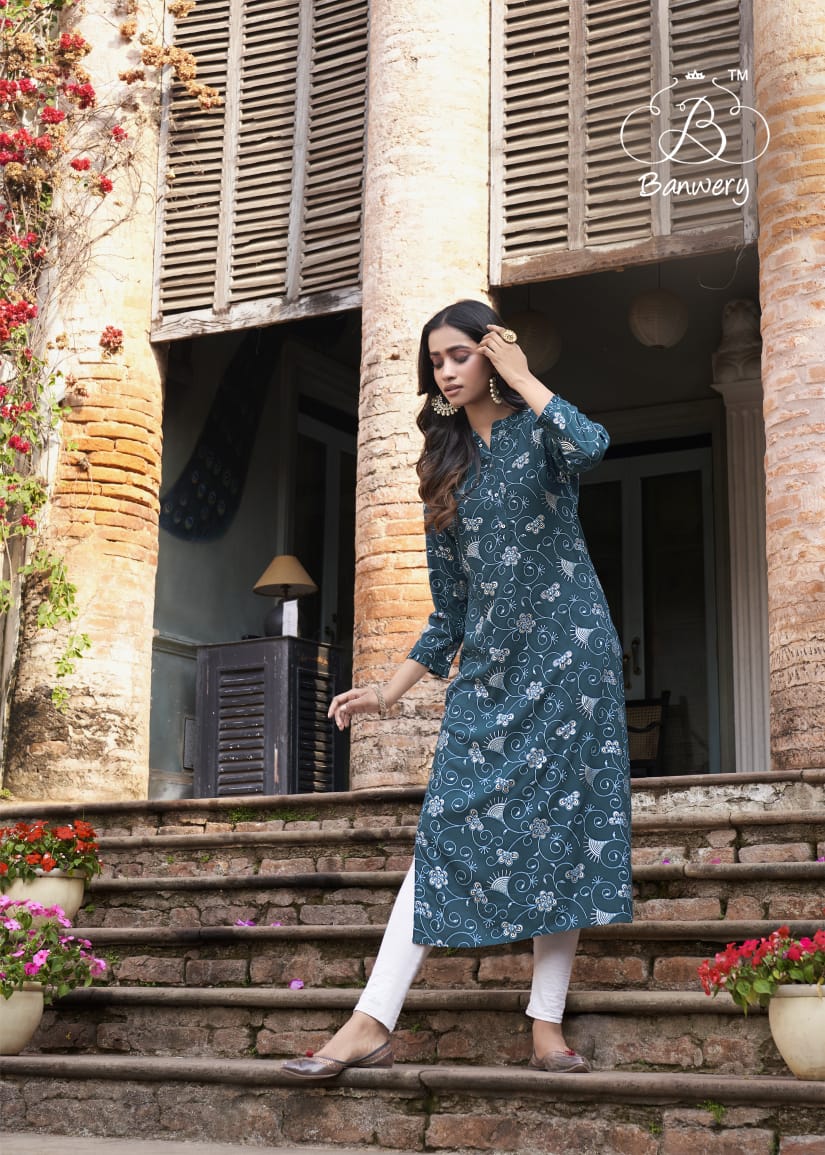 Banwery Colourbar Latest Fancy Heavy Foil Print Ethnic Wear Designer Kurtis Collection
