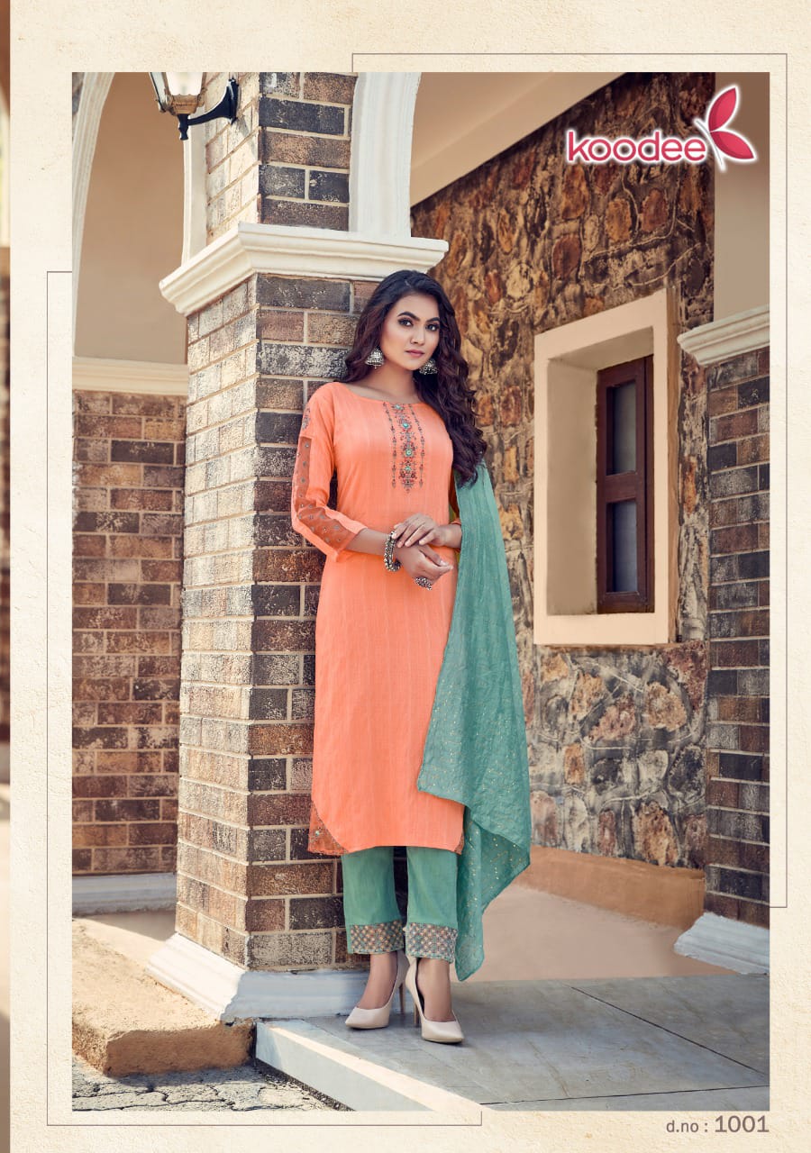 Koodee Saheli 11 Fancy Festive Wear Pure Nylon Viscose With Stripe Embroidered Ready Made Collection
