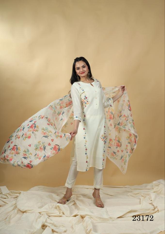 Indira 23166 White Pure chanderi silk Kurti With Bottom Dupatta Catalog
