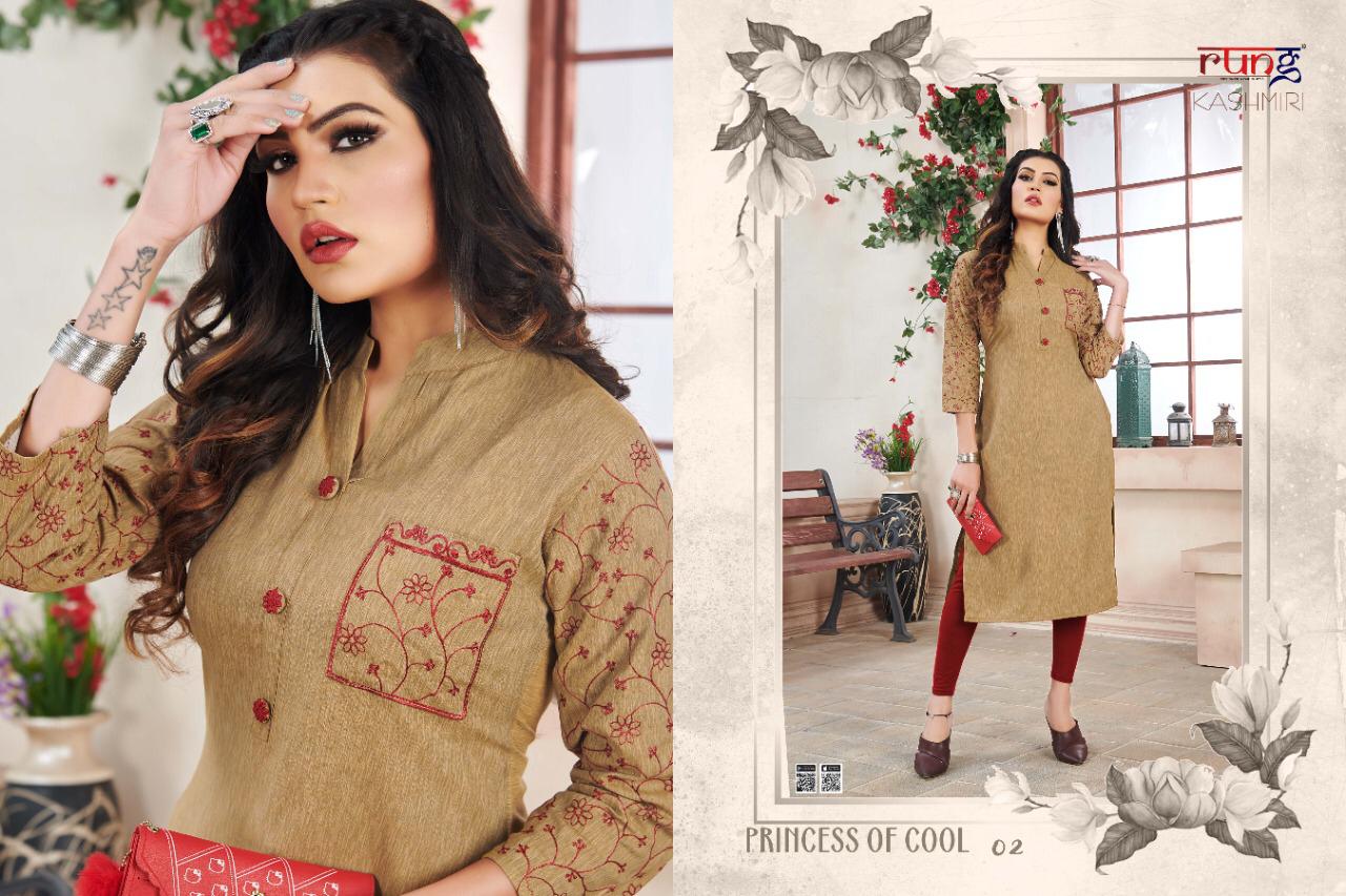RUNG KASHMIRI Latest Fancy Regular Wear Heavy Luxuriya Rayon  With Manual Embroidery work Kurtis Collection