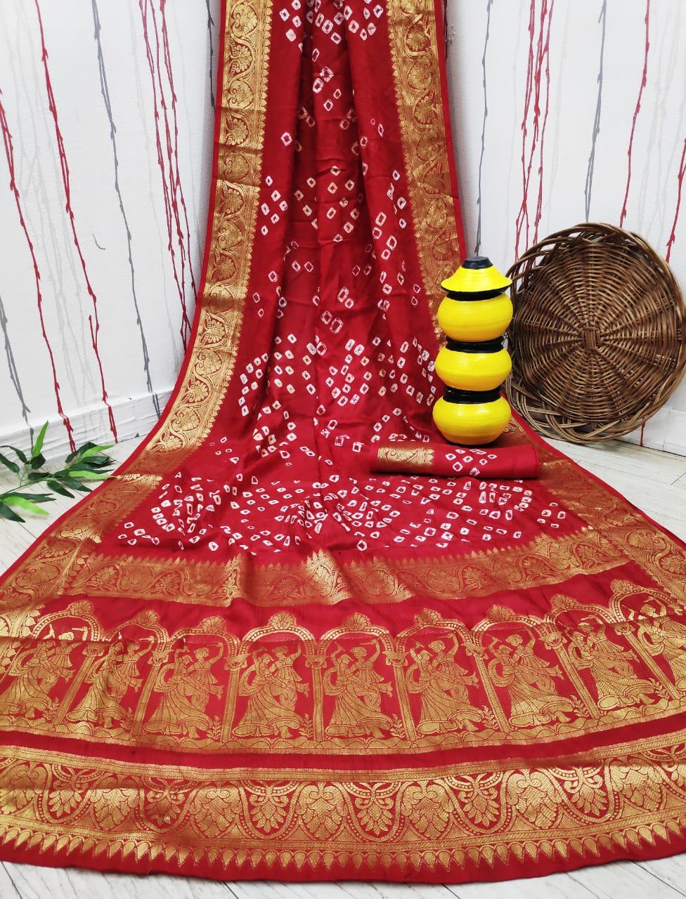 Rass Leela Bandhej Art Silk Weaving Bandhej Work Designer Sarees Collection
