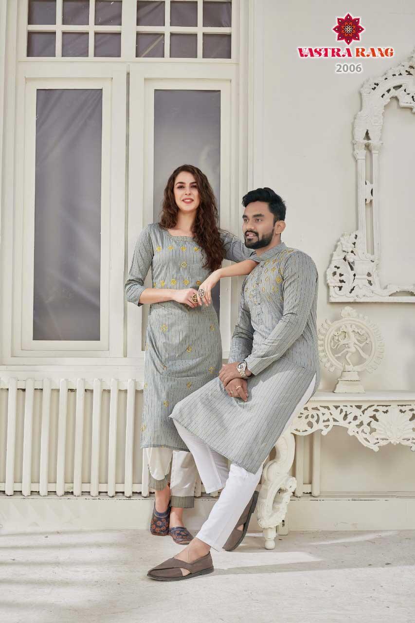 RAM-LEELA VOL-2 Fancy Designer Festive Party Wear Pure Cotton With Slub Strip With Designer Embroidery Work Kurti With Men's kurta Collection