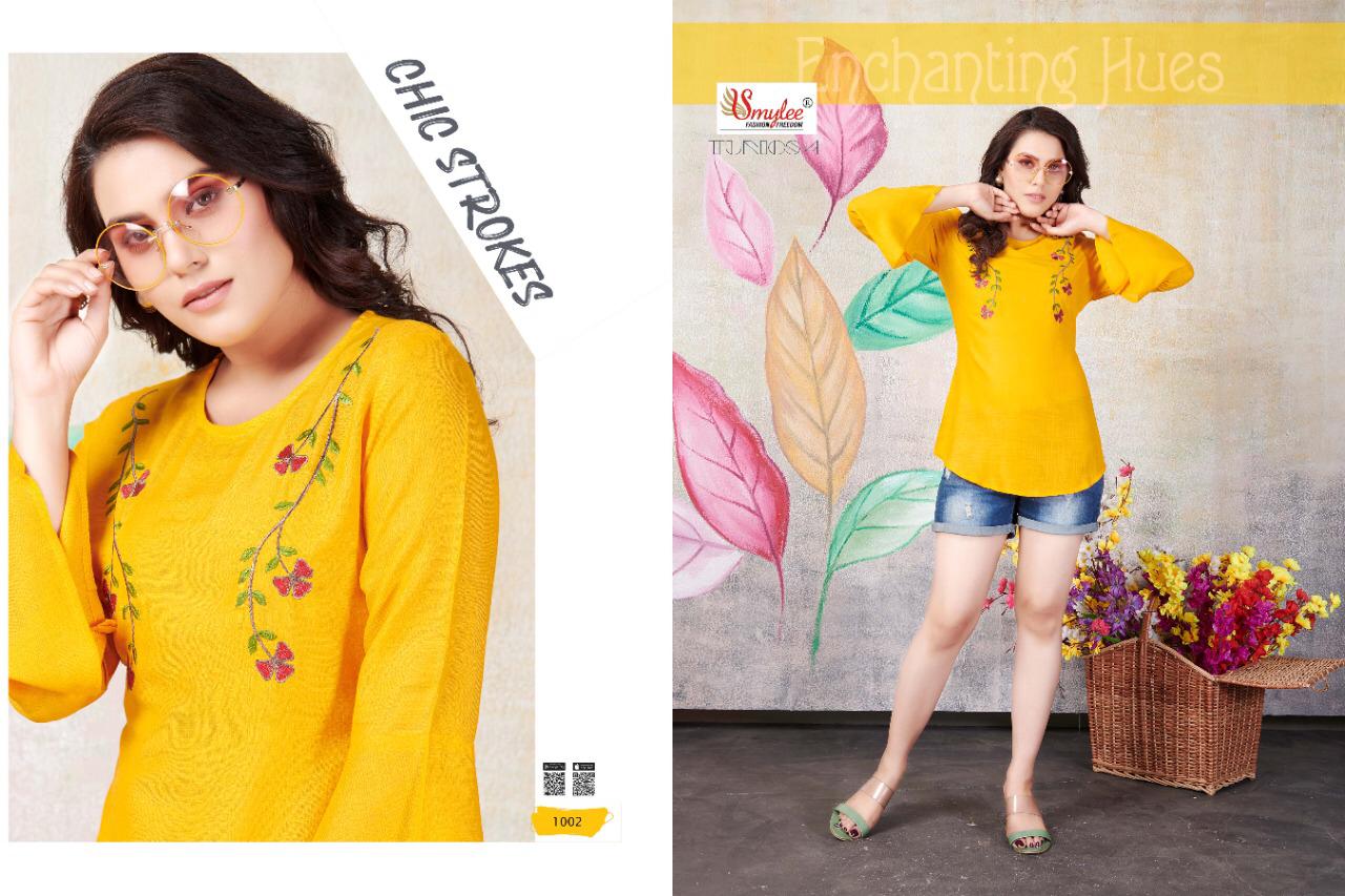 Smylee Tunics 4 latest Designer Casual Wear Embroidery Work Rayon Ladies Top Collection

