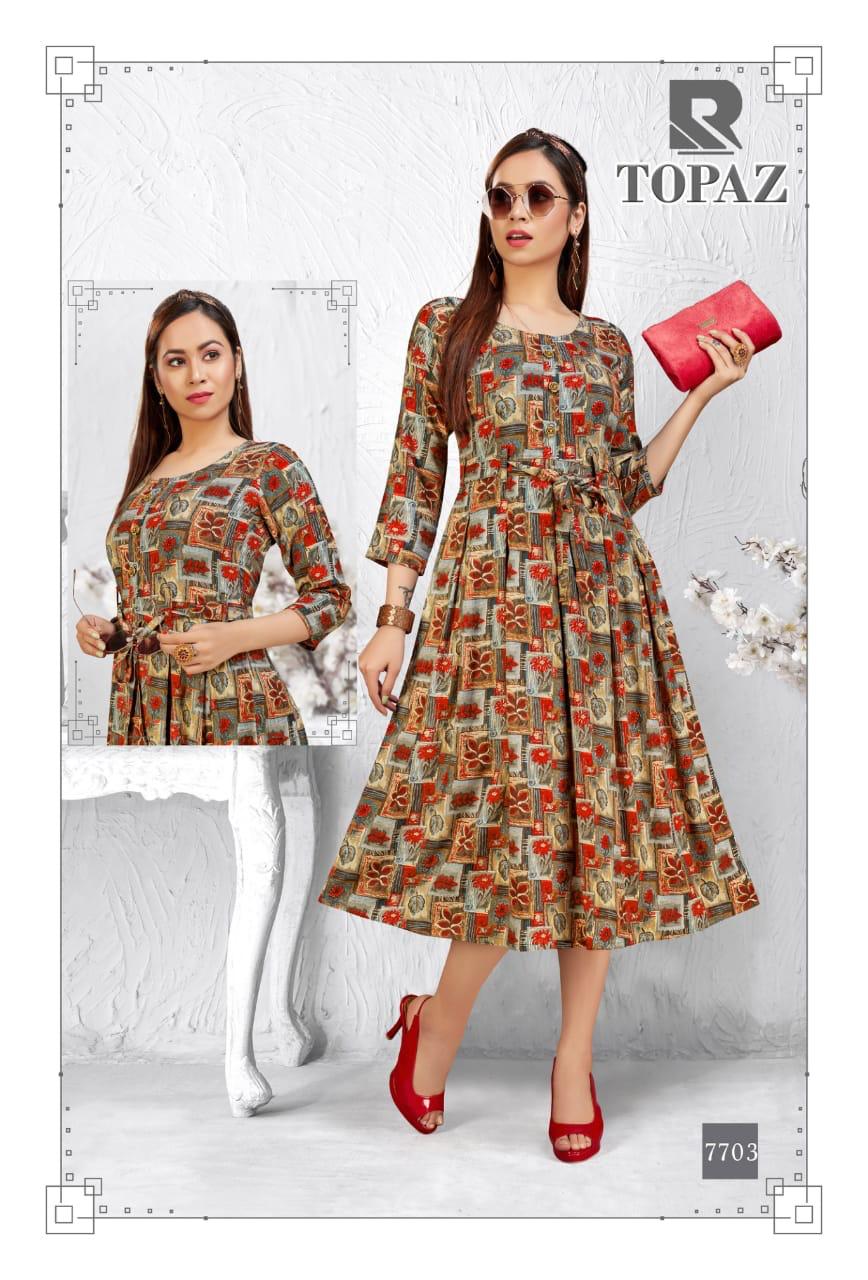 Raashi Topaz Latest Festive Wear Anarkali Style Heavy Rayon Printed Kurti Collection