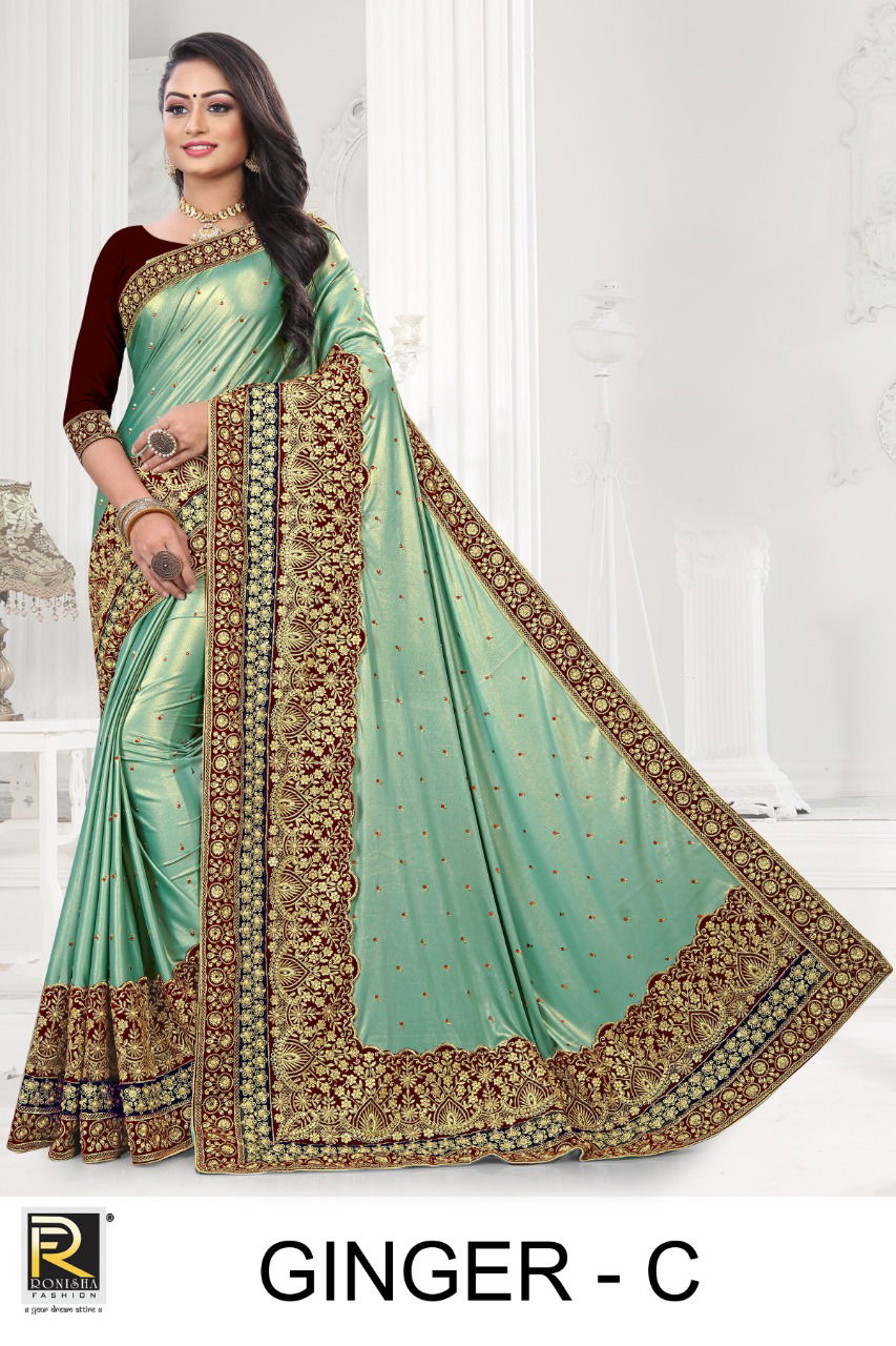 Ronisha Ginger Fancy Latest Wedding Wear Heavy Embroidery Worked Border Saree Collection