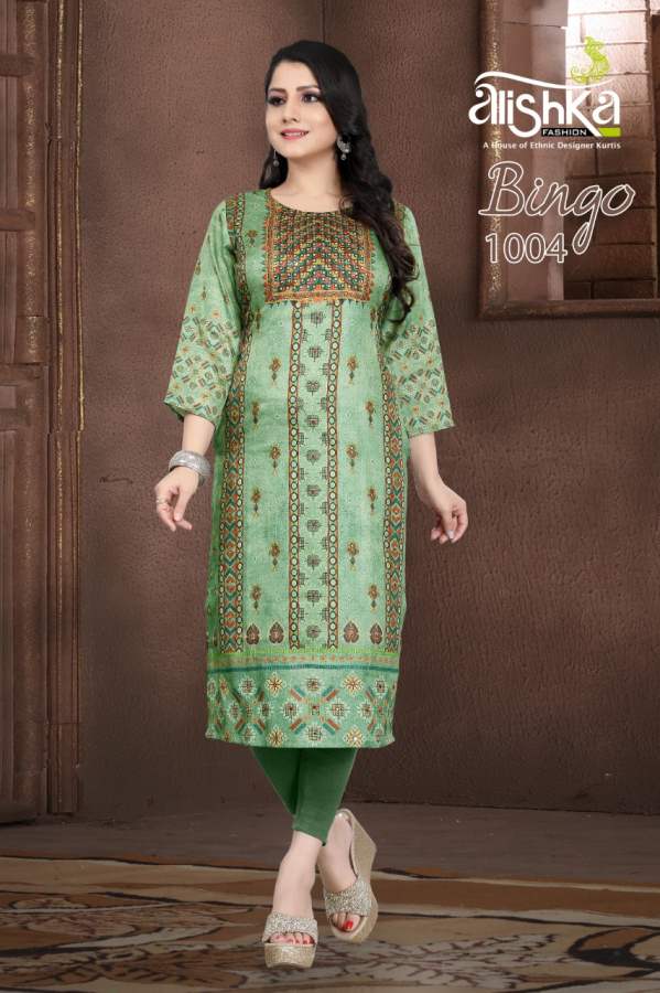 Alishka Bingo Latest Designer Tusser Silk With Inner Digital Print And Handwork Long Kurti Collection 
